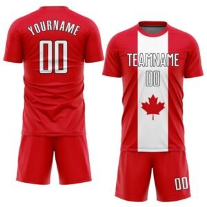 Custom Canada Soccer Jersey Uniform Set | Personalized Team Name & Number Red Athletic Shirt & Shorts - Maple Leaf Design