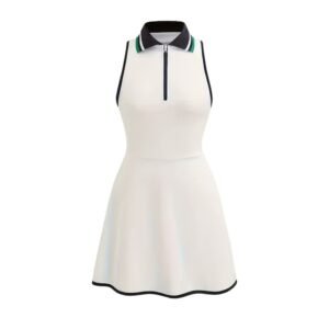 Women's Sleeveless Polo Tennis Dress | White Zip-Up Athletic Dress with Collar for Golf, Tennis & Pickleball
