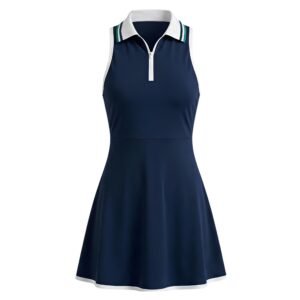Women's Navy Blue Sleeveless Tennis & Golf Dress with Polo Collar