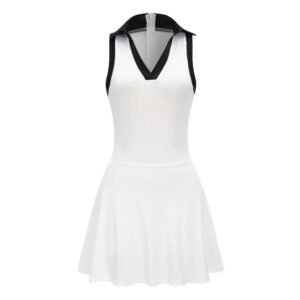 Women's White Sleeveless Tennis & Golf Dress with Black Collar & V-Neck