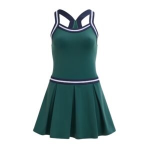 Women's Forest Green Pleated Tennis Dress with Racerback & Striped Trim