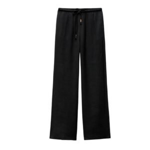 Women's Black Wide-Leg Linen Pants – Flowy Drawstring Beach Trousers